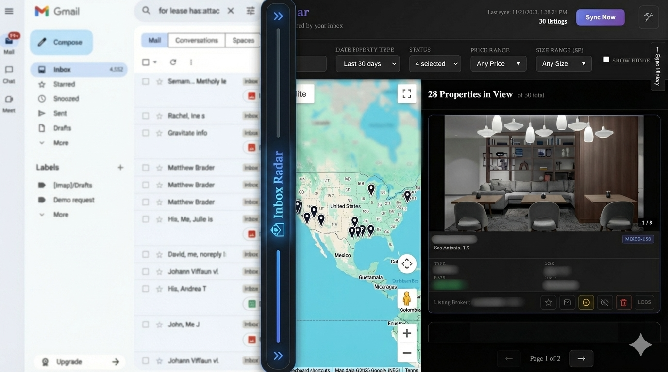 Inbox Radar interface showing Gmail inbox on the left and Inbox Radar map view on the right