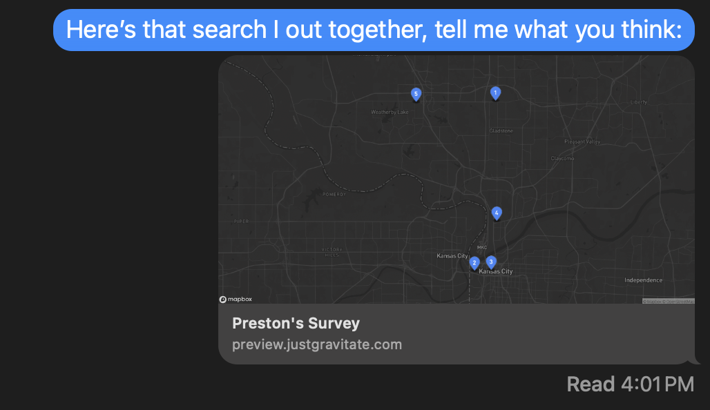 Rich survey link preview on iMessage showing property map