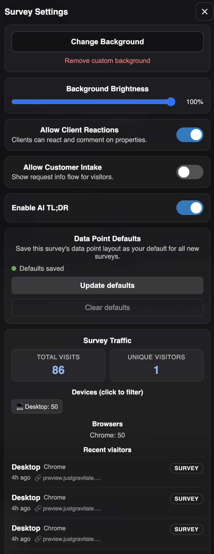 Survey settings panel