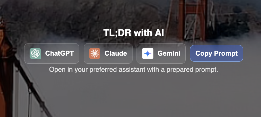 AI TL;DR feature showing ChatGPT, Claude, and Gemini options