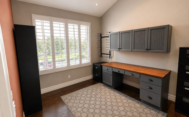 Office interior with built-in desk, gray cabinets, wood countertop, and large window with white shutters.