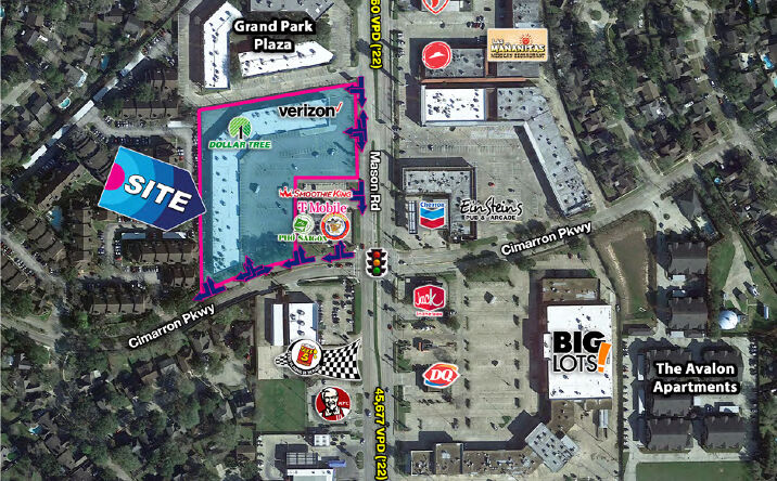 Aerial satellite view of retail center at 870 S Mason Rd showing surrounding tenants and intersection.
