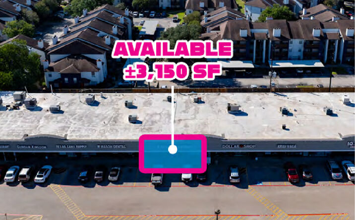 Aerial view of retail strip center at 870 S Mason Rd highlighting the available ±3,150 SF space with surface parking and neighboring tenants.