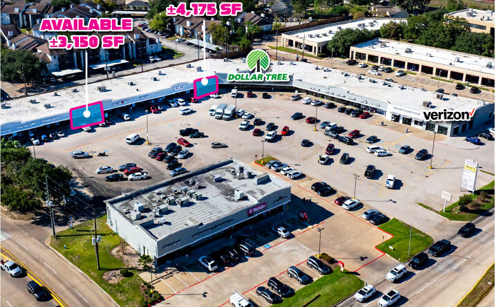 Aerial view of retail shopping center at 870 S Mason Rd with Dollar Tree, Verizon, and full parking lot.