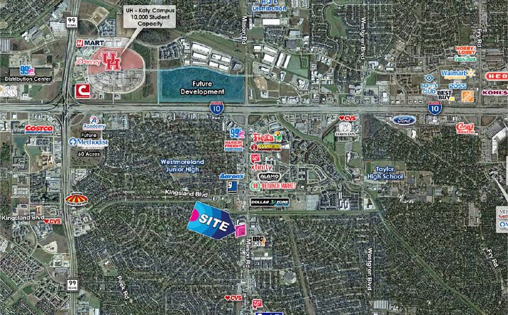 Aerial map showing the retail property location at 870 S Mason Rd in Katy, Texas near major retailers and highways.