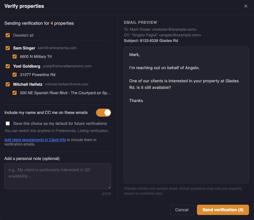 Bulk verification modal with property list, email preview, and send button
