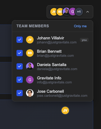 Team filter dropdown with avatar multi-select on the home page